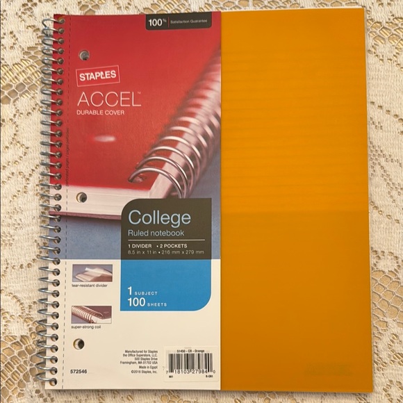 Staples Accel Durable Cover College Ruled Notebook 100 Pgs 1-subject Orange New - Picture 1 of 11